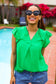 Sunny Days Kelly Green Banded V Neck Flutter Sleeve Top