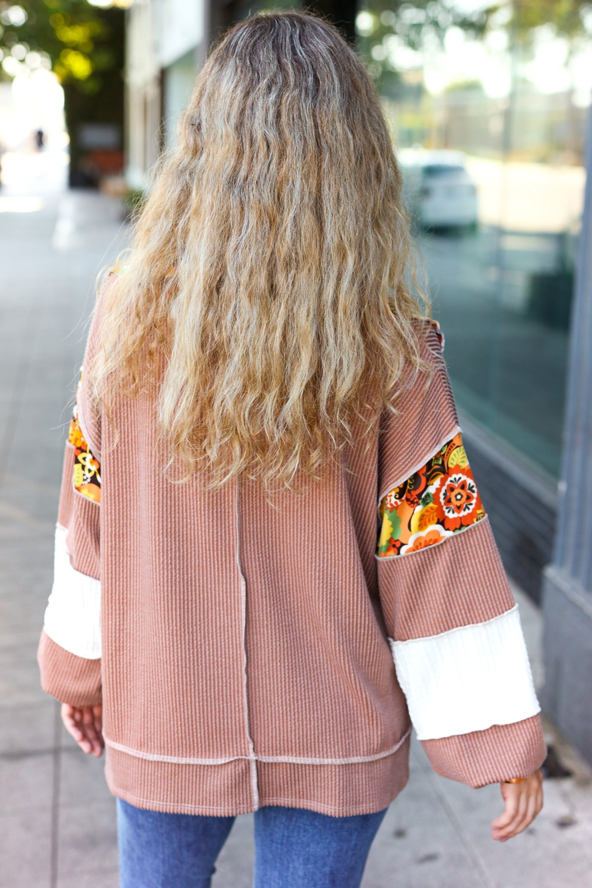 Charming Caramel Floral Print Colorblock Notch Neck Top