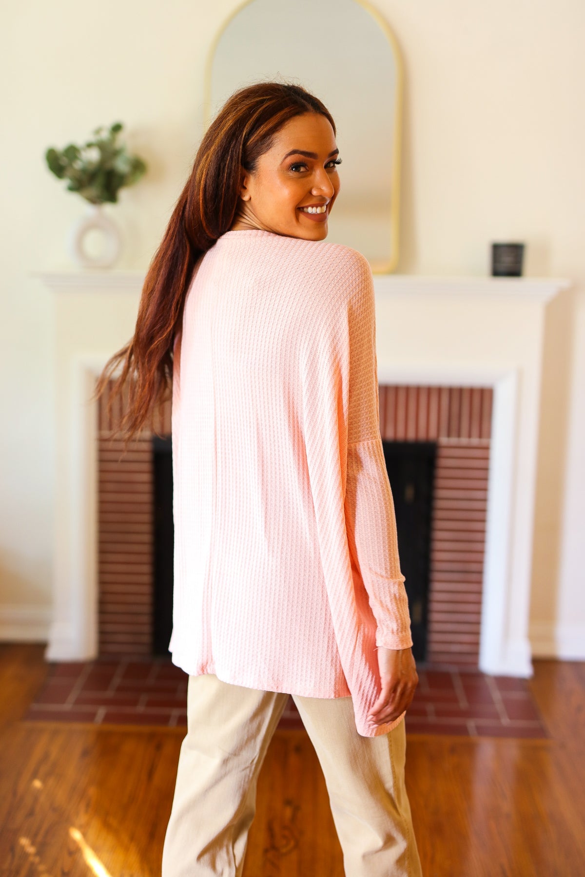 All For Love Peach Waffle Knit V Neck Dolman Top