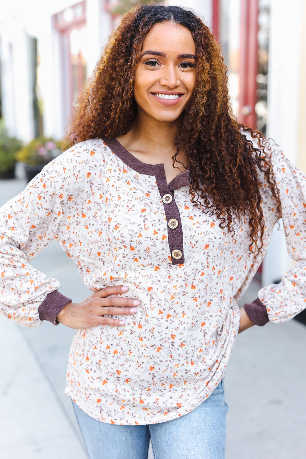 Lock Eyes Floral Hacci Button Henley Oversized Top