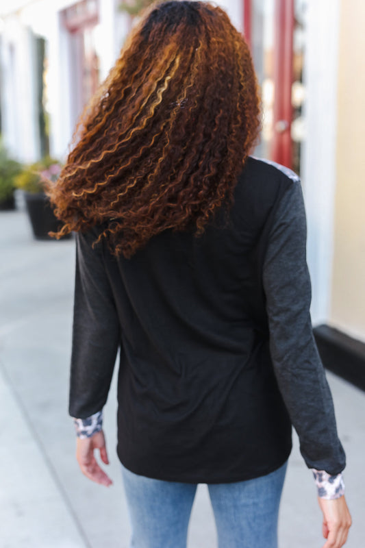 Be Bold Black & Charcoal Animal Print Zip Down Pullover