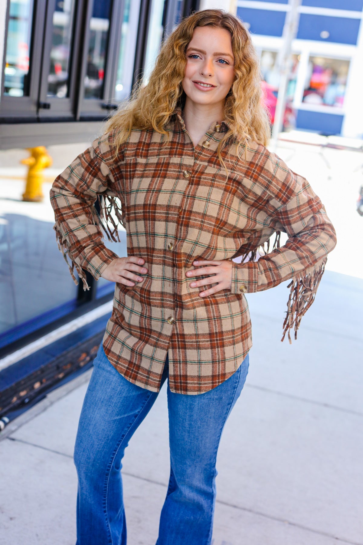 Boldly You Taupe & Rust Flannel Plaid Fringe Jacket