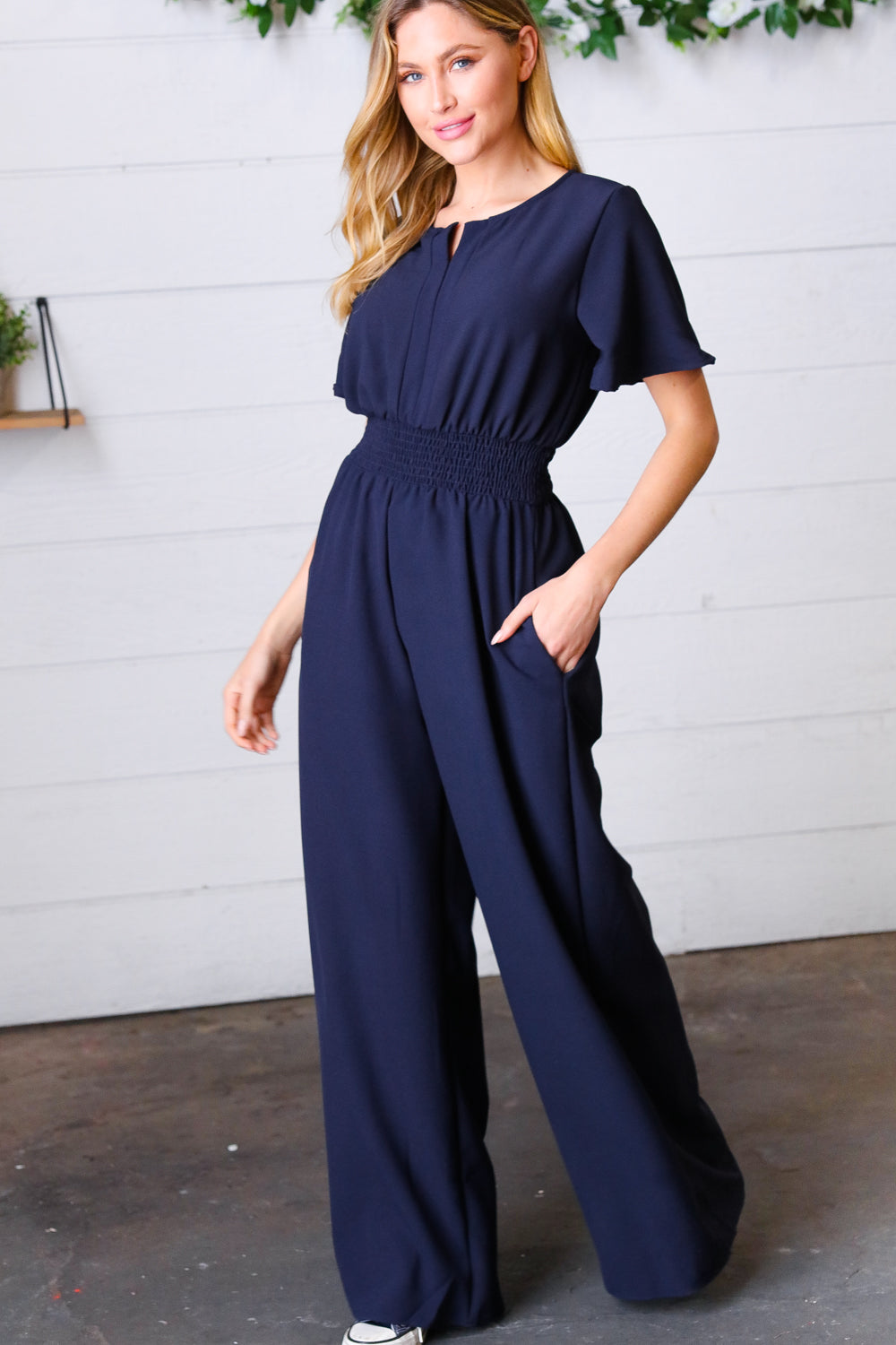 Dark Blue Smocked Waist Notch Neck Crepe Jumpsuit