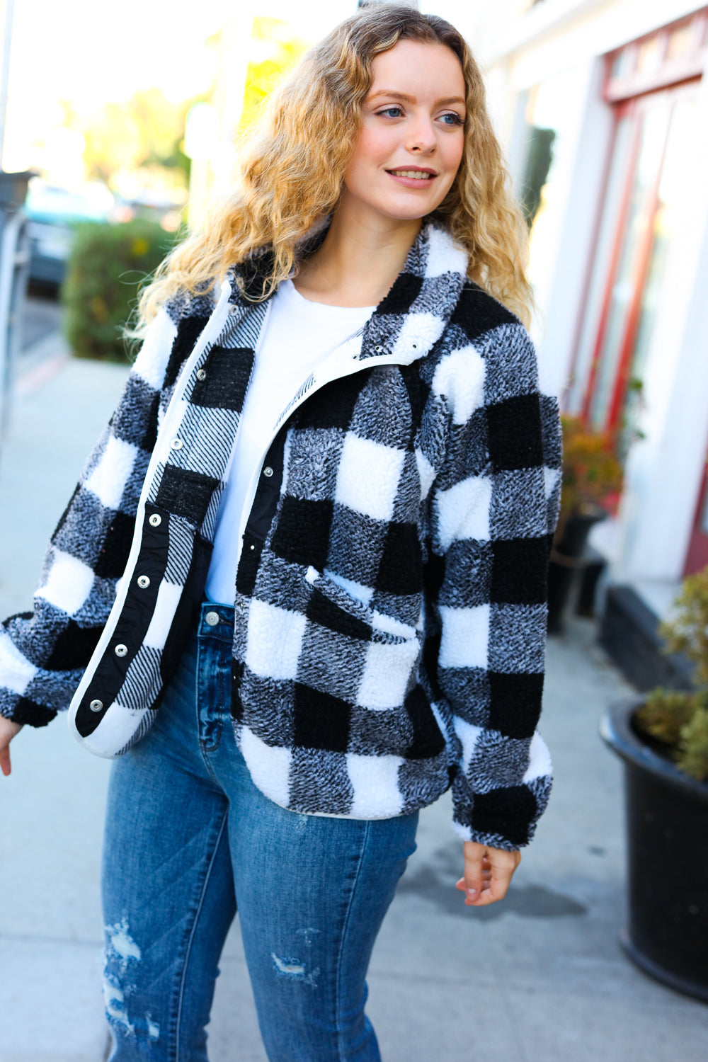 It's Your Best Black & Ivory Plaid Sherpa Button Down Jacket