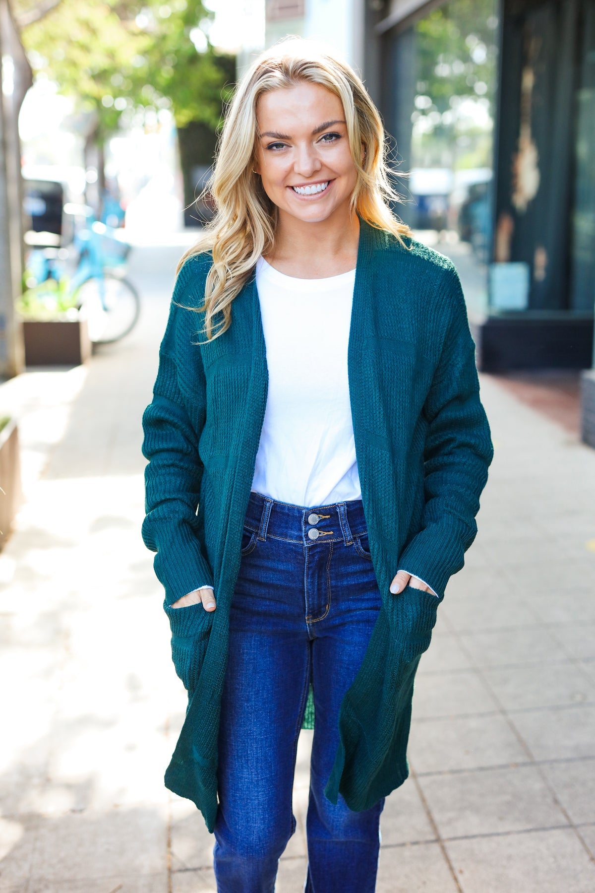 Everyday Hunter Green Striped Knit Open Cardigan