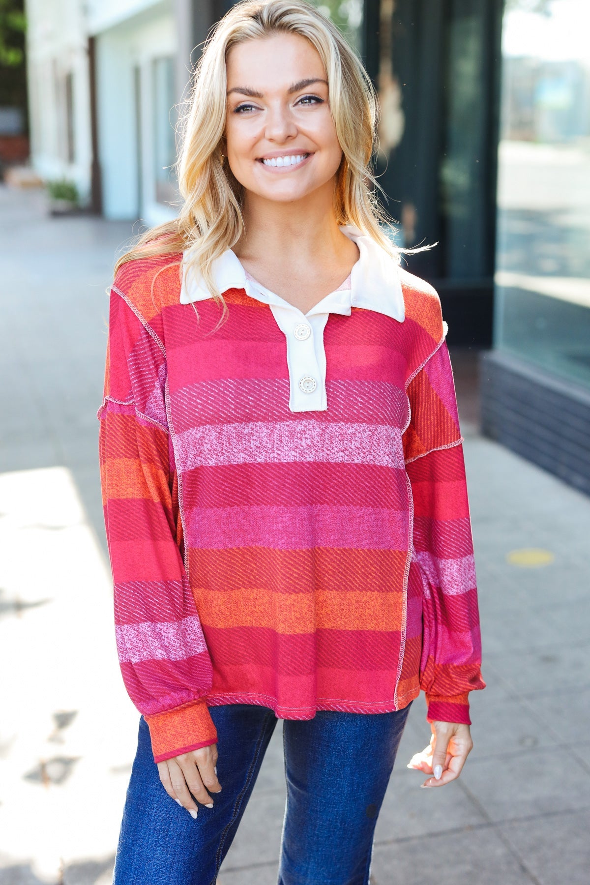 Be Bold Magenta Striped Button Down Placket Collared Top