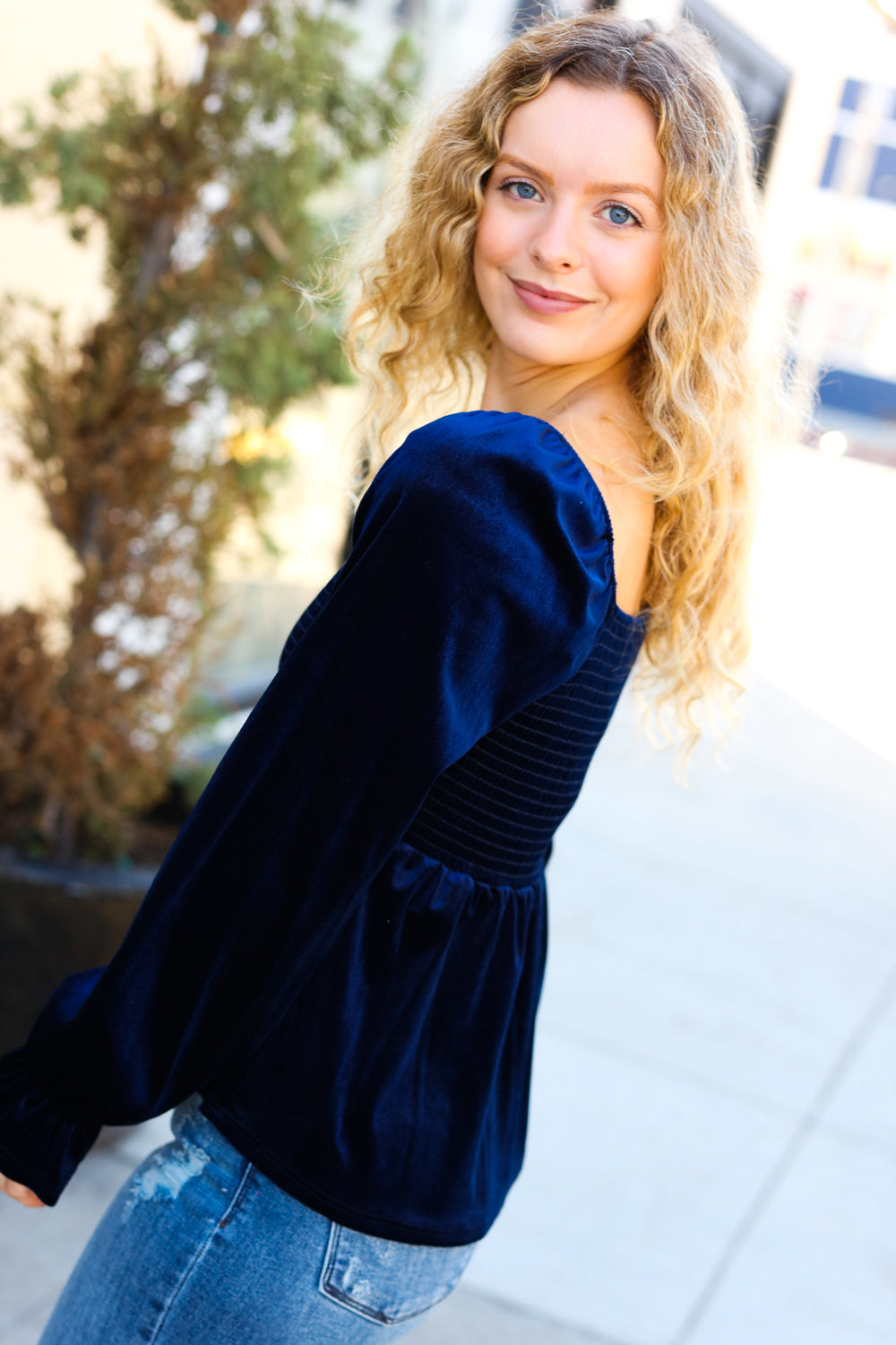 Shine Your Light Navy Crushed Velvet Smocked Ruffle Top