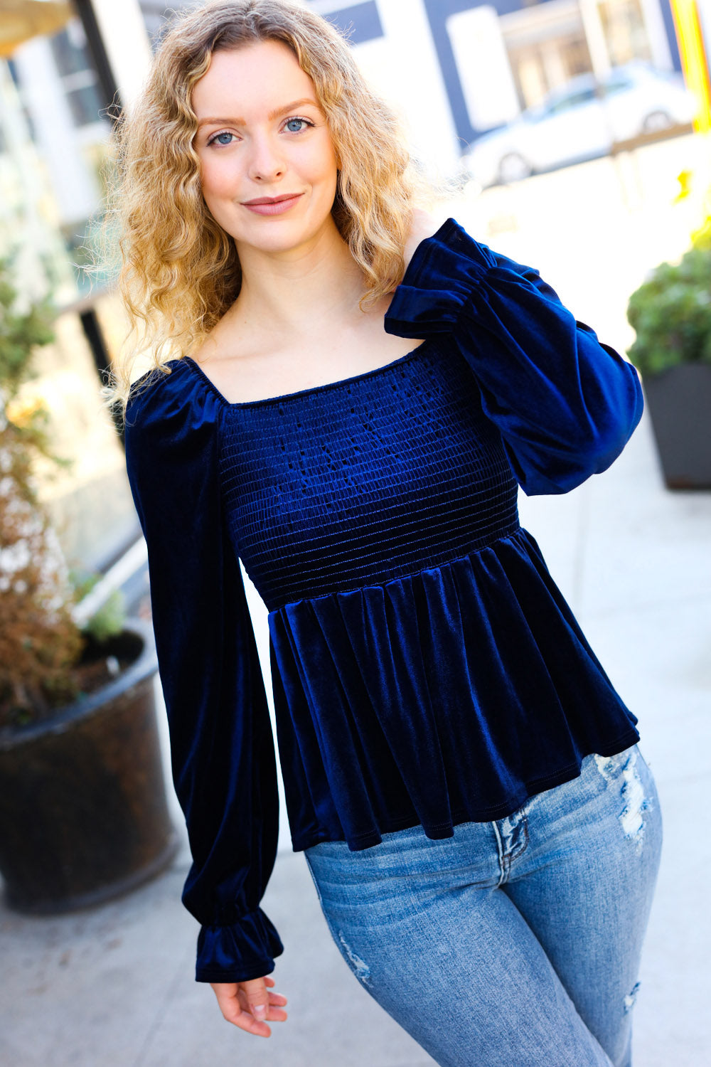 Shine Your Light Navy Crushed Velvet Smocked Ruffle Top