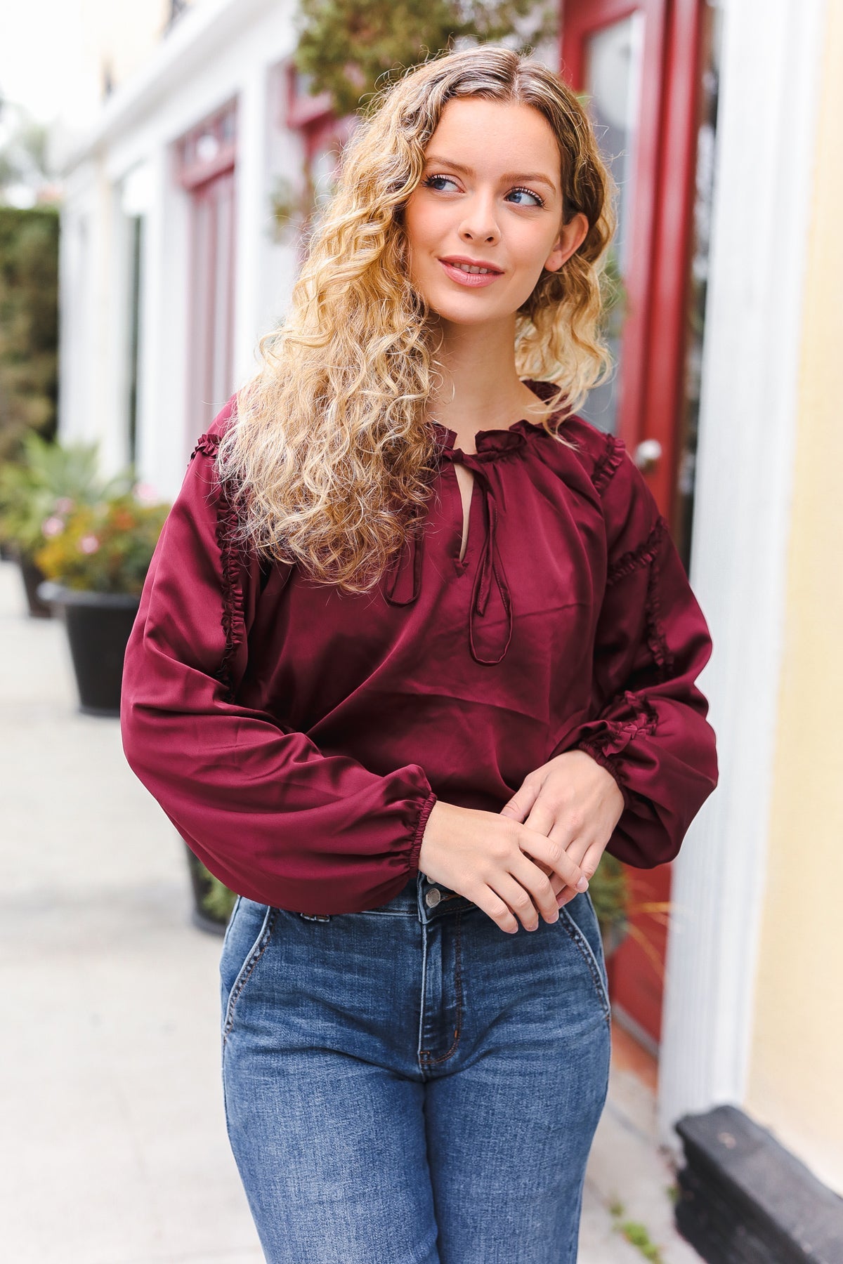 Holiday Vibes Burgundy Frill Detail Tie Neck Satin Top