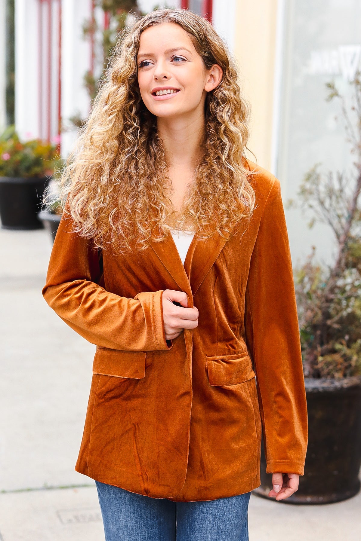 Holiday Stunner Rust Velvet Lapel Blazer