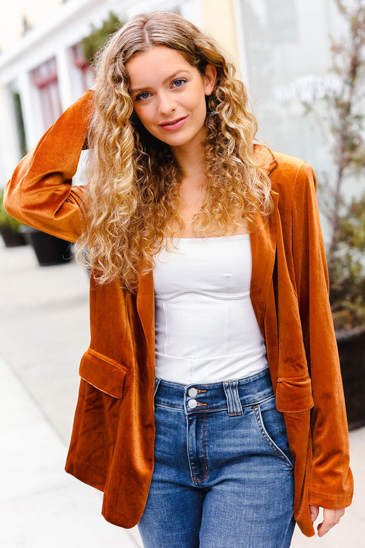 Holiday Stunner Rust Velvet Lapel Blazer