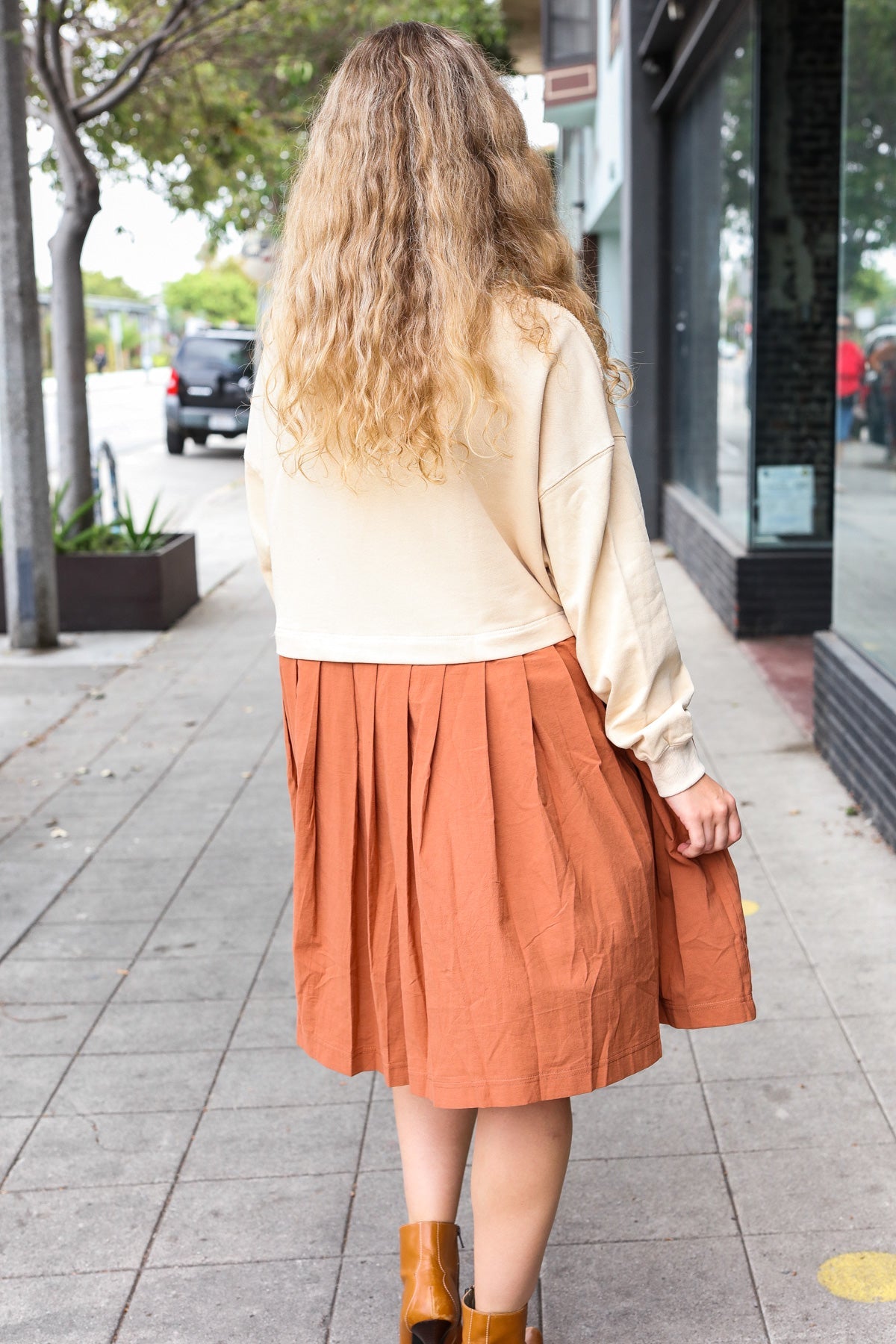 Bedazzled Cream & Rust Pleated Skirt French Terry Cotton Dress