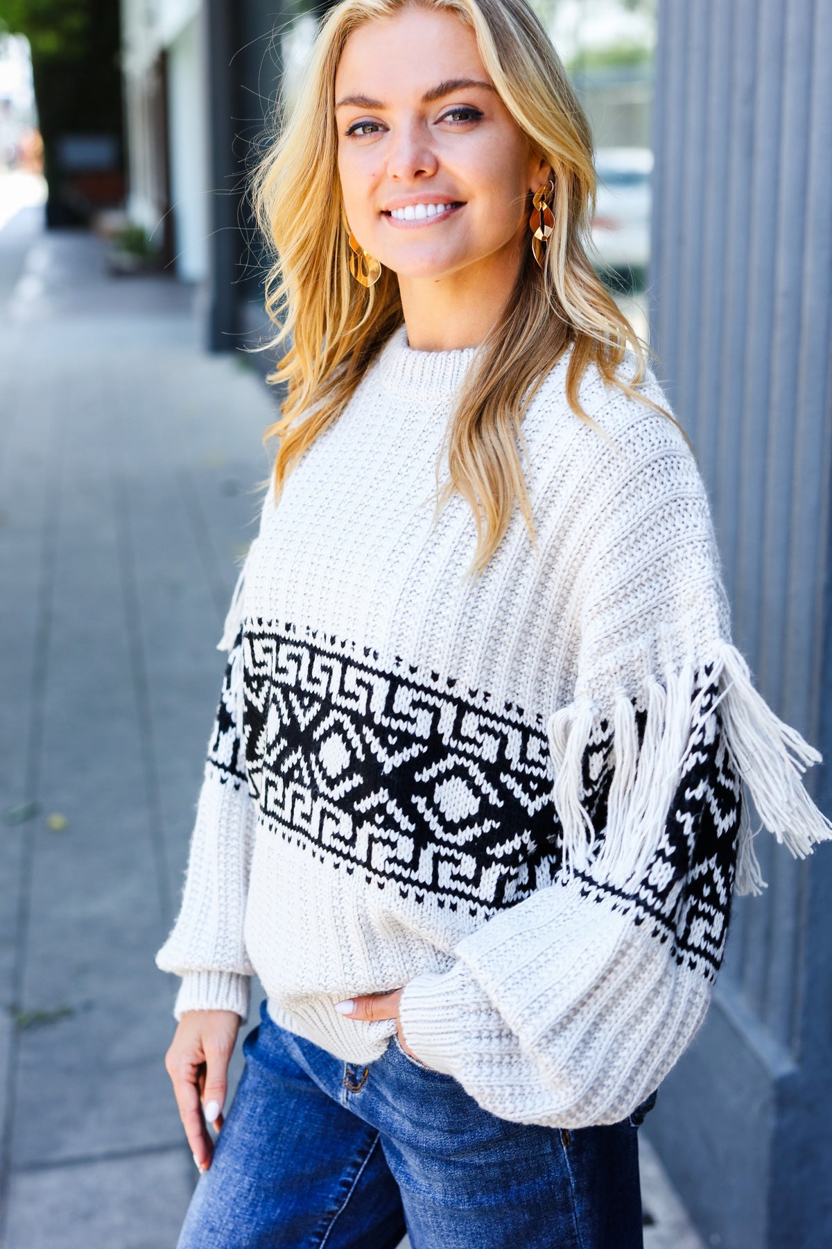 Ready For Anything Taupe & Black Tassel Aztec Sweater