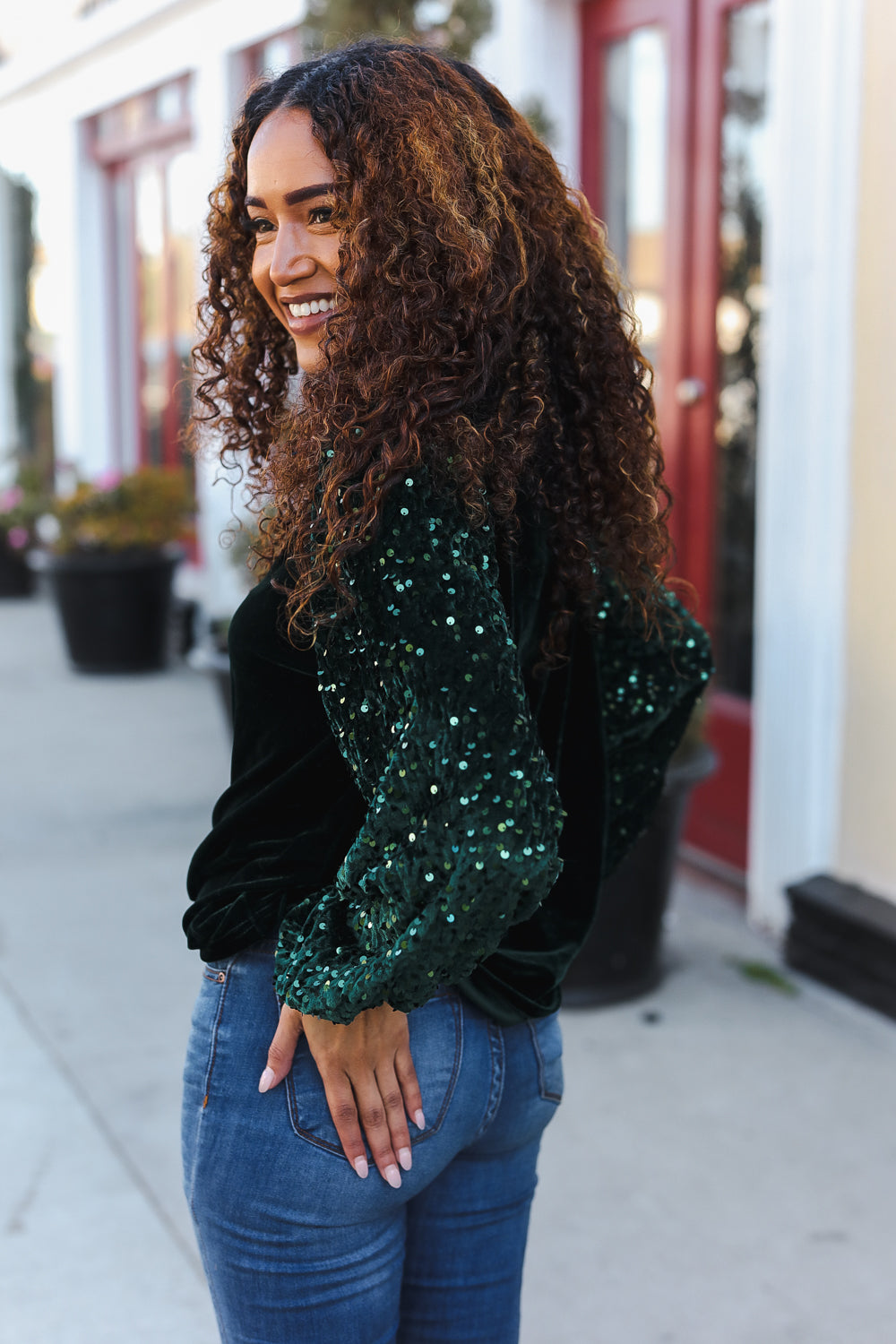 Under the Lights Green Velvet & Sequin Frill Mock Neck Top