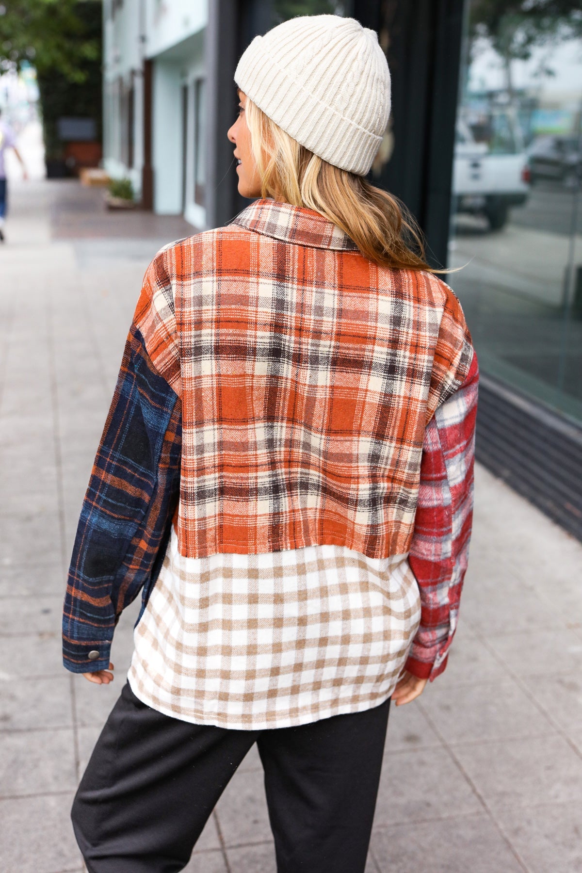 Catch Glances Muticolor Plaid Color Block Snap Button Shacket