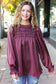 Be Your Best Wine Satin Shirred Yoke Frilled Mock Neck Top