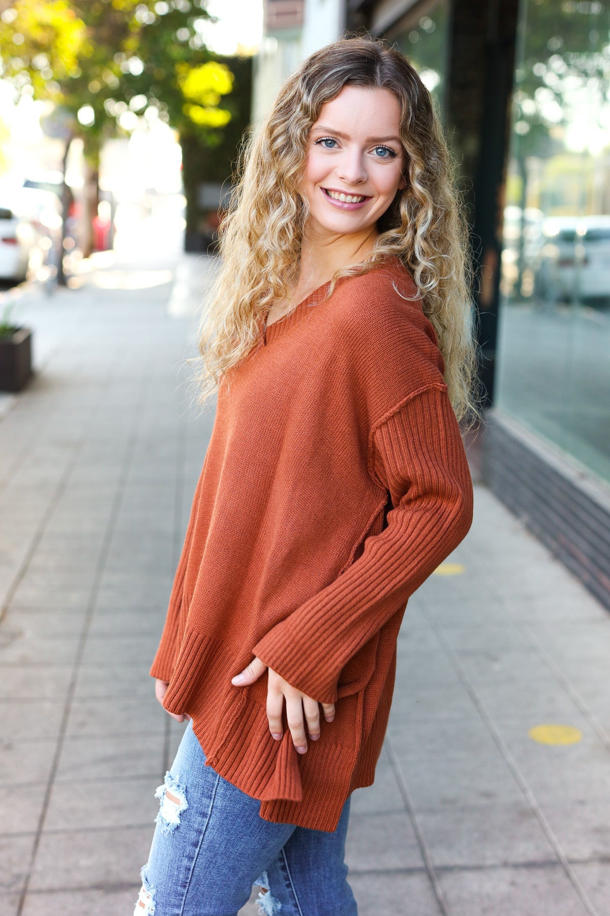 Casual Chic Rust Oversized V Neck Rib Knit Sweater