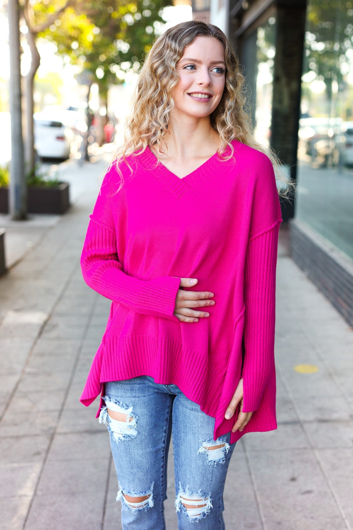 Be Bold Magenta Oversized V Neck Rib Knit Sweater