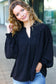 Boho Vibes Black Notched Neck Smocked Bubble Sleeve Top