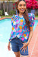 All For You Aqua Tropical Print Frill Notch Neck Puff Sleeve Top