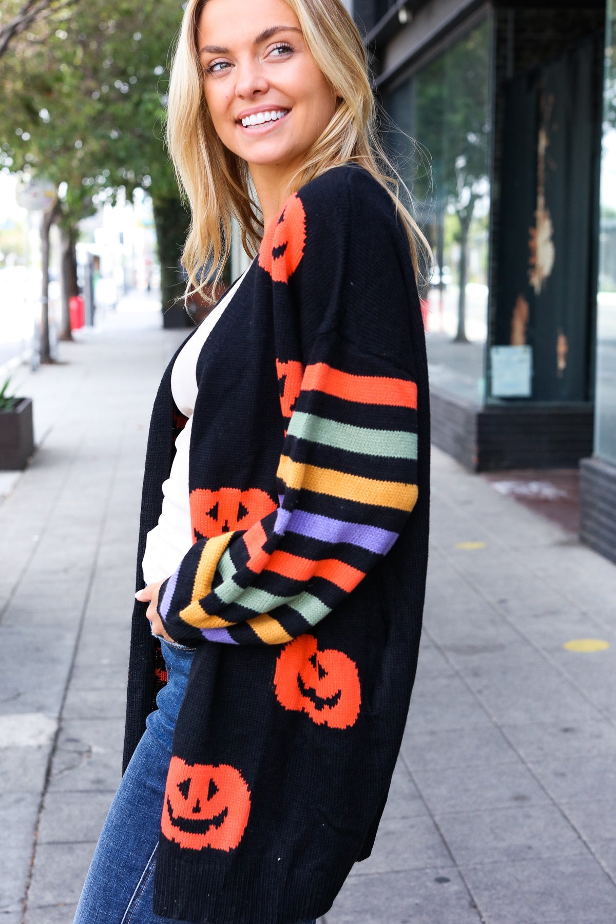 Pumpkin Multicolor Stripe Jacquard Knit Open Cardigan