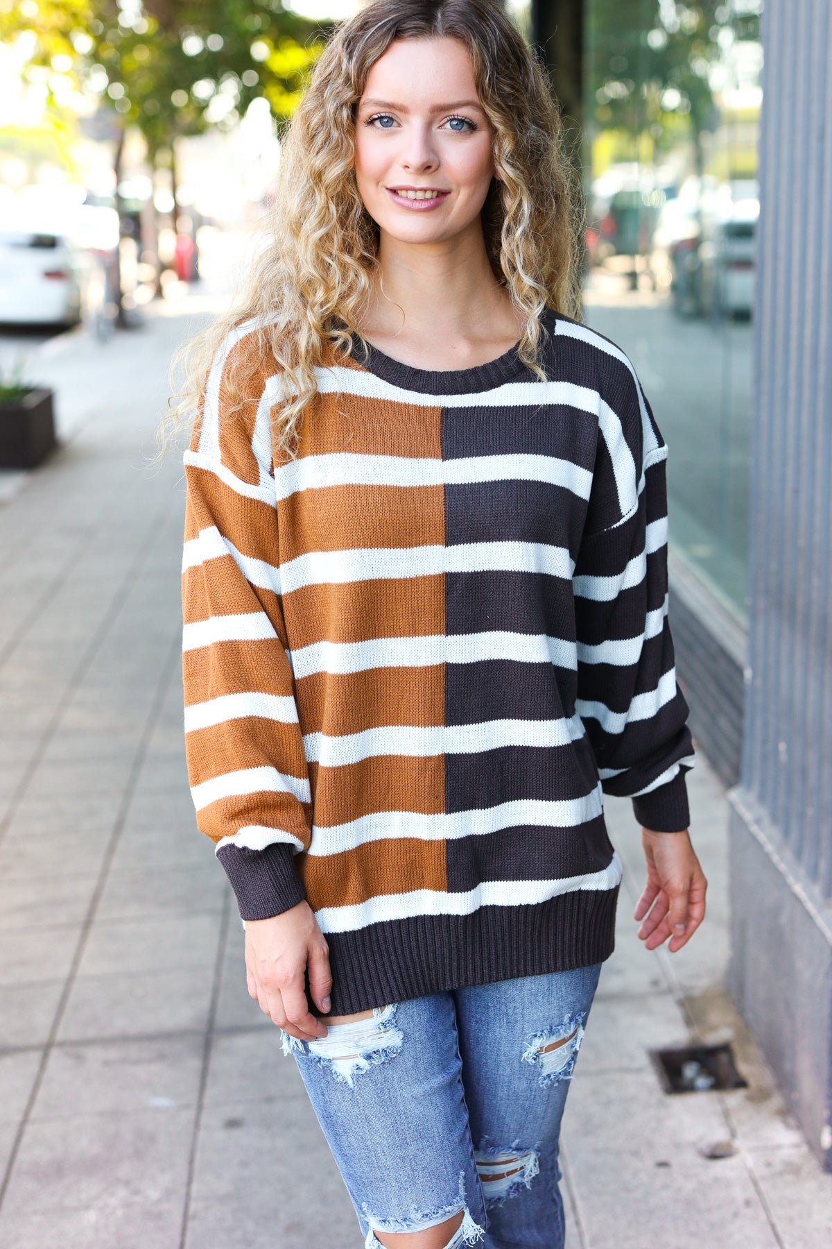 Camel & Charcoal Striped Color Block Sweater