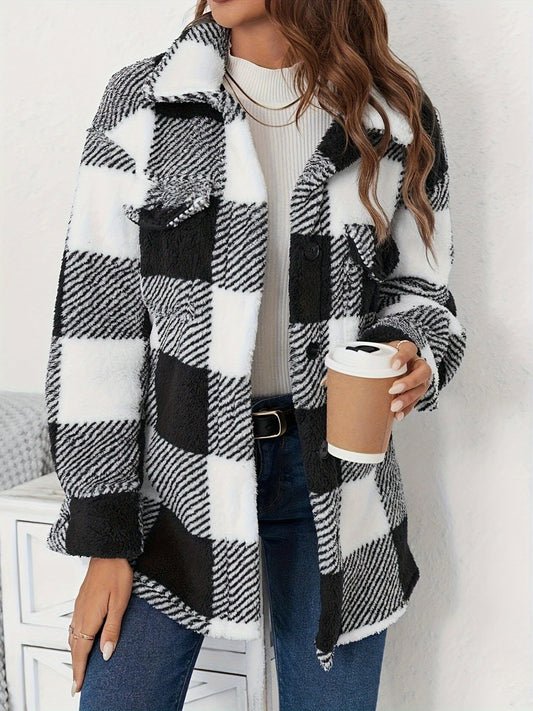 Plaid Button Up Long Sleeve Fuzzy Jacket