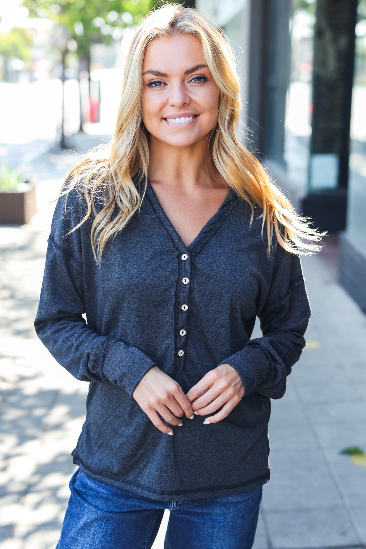 Casual Days Charcoal Henley Button Down V Neck Top