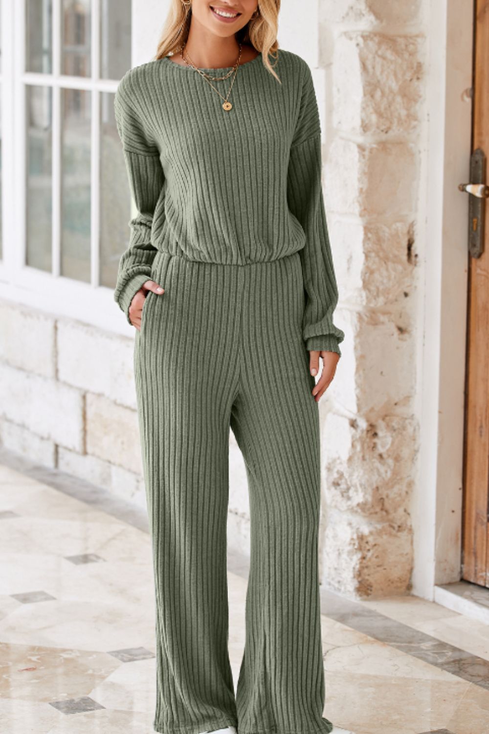 Round Neck Long Sleeve Jumpsuit