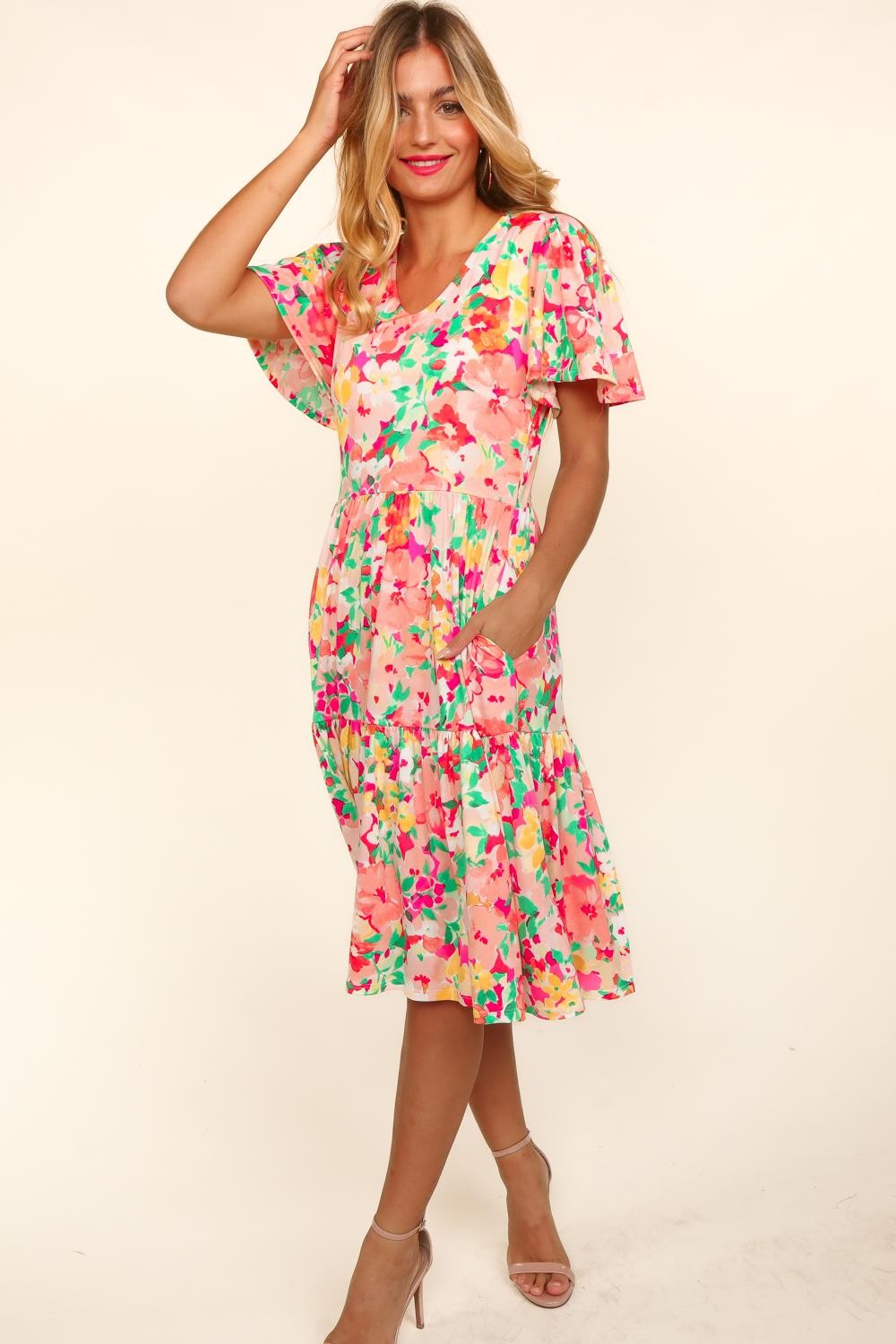 Tiered Floral Midi Dress with Pockets