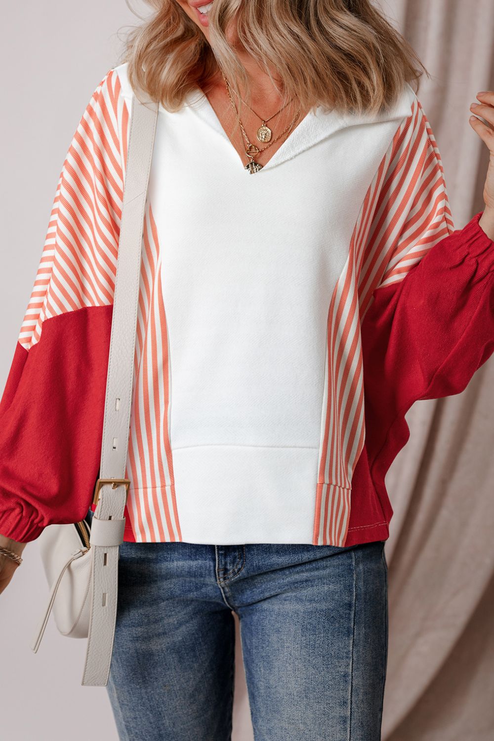 Striped Johnny Collar Long Sleeve Sweatshirt