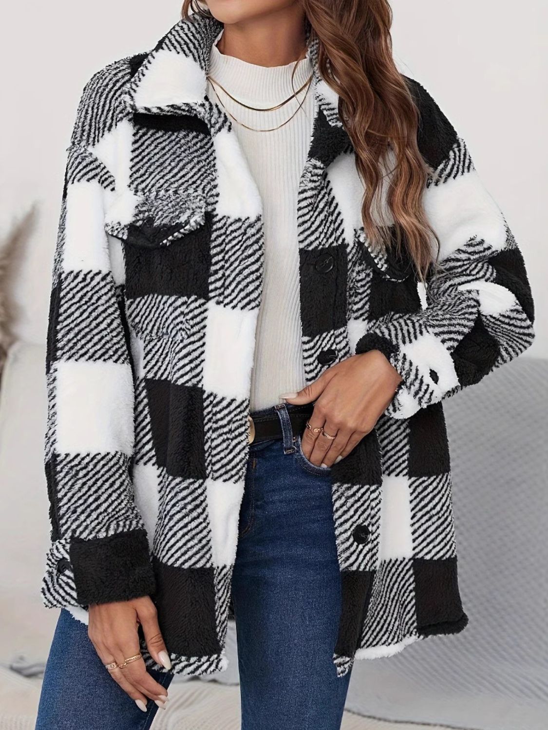 Plaid Button Up Long Sleeve Fuzzy Jacket