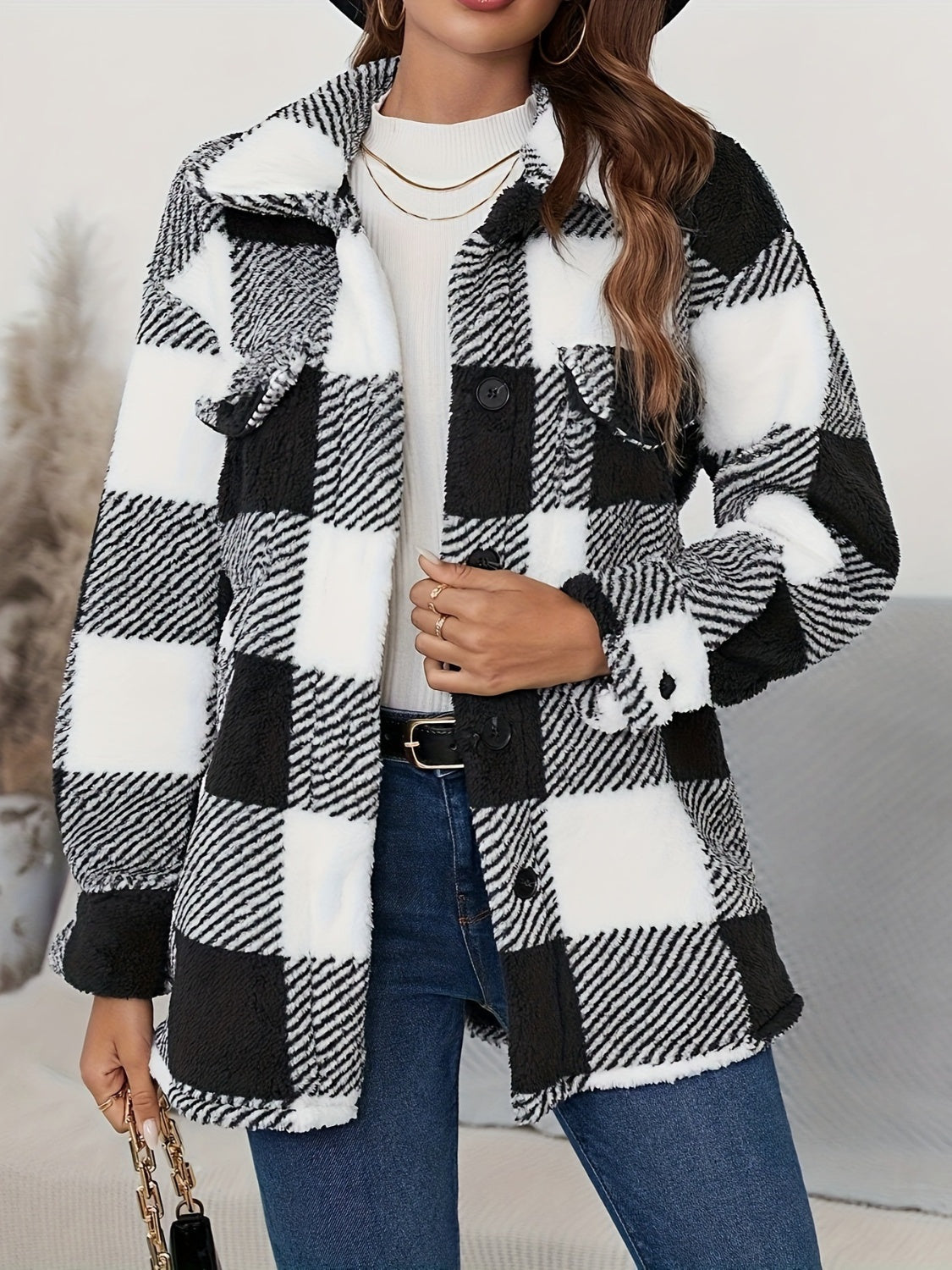 Plaid Button Up Long Sleeve Fuzzy Jacket