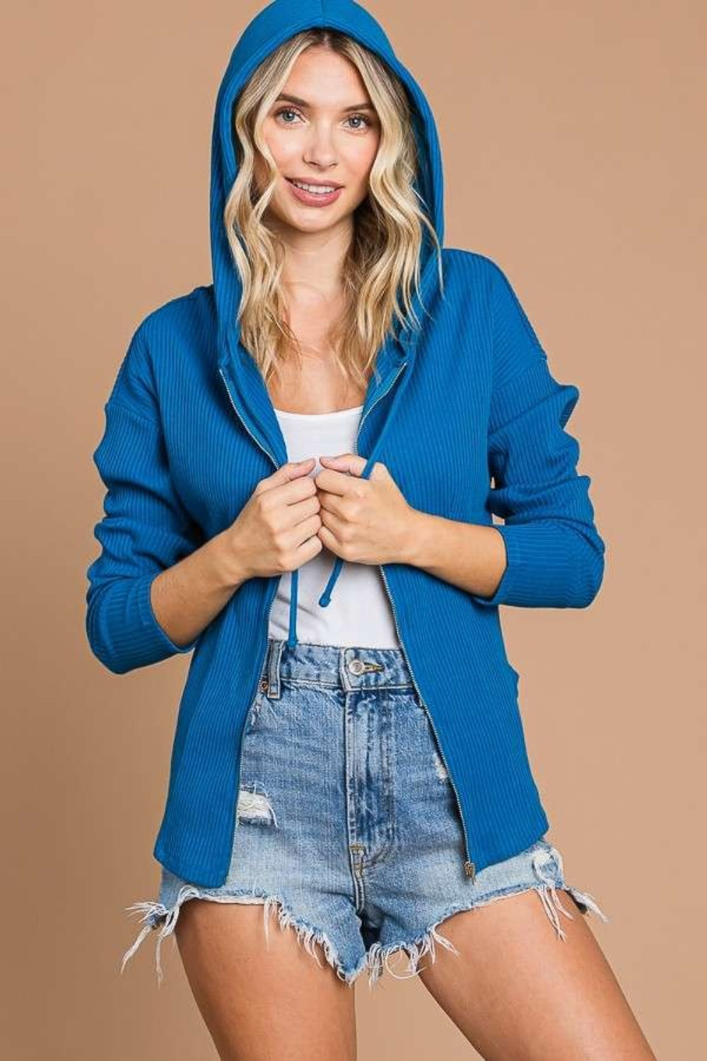 Feeling Blue Ribbed Zip Up Drawstring Hooded Jacket