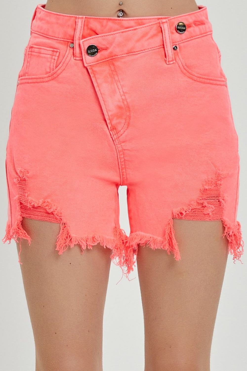 Zya RISEN Raw Hem Asymmetrical Waist Denim Shorts in Coral Pink