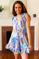 Just for Fun Aqua Floral V Neck Ruffle Sleeve & Hem Dress