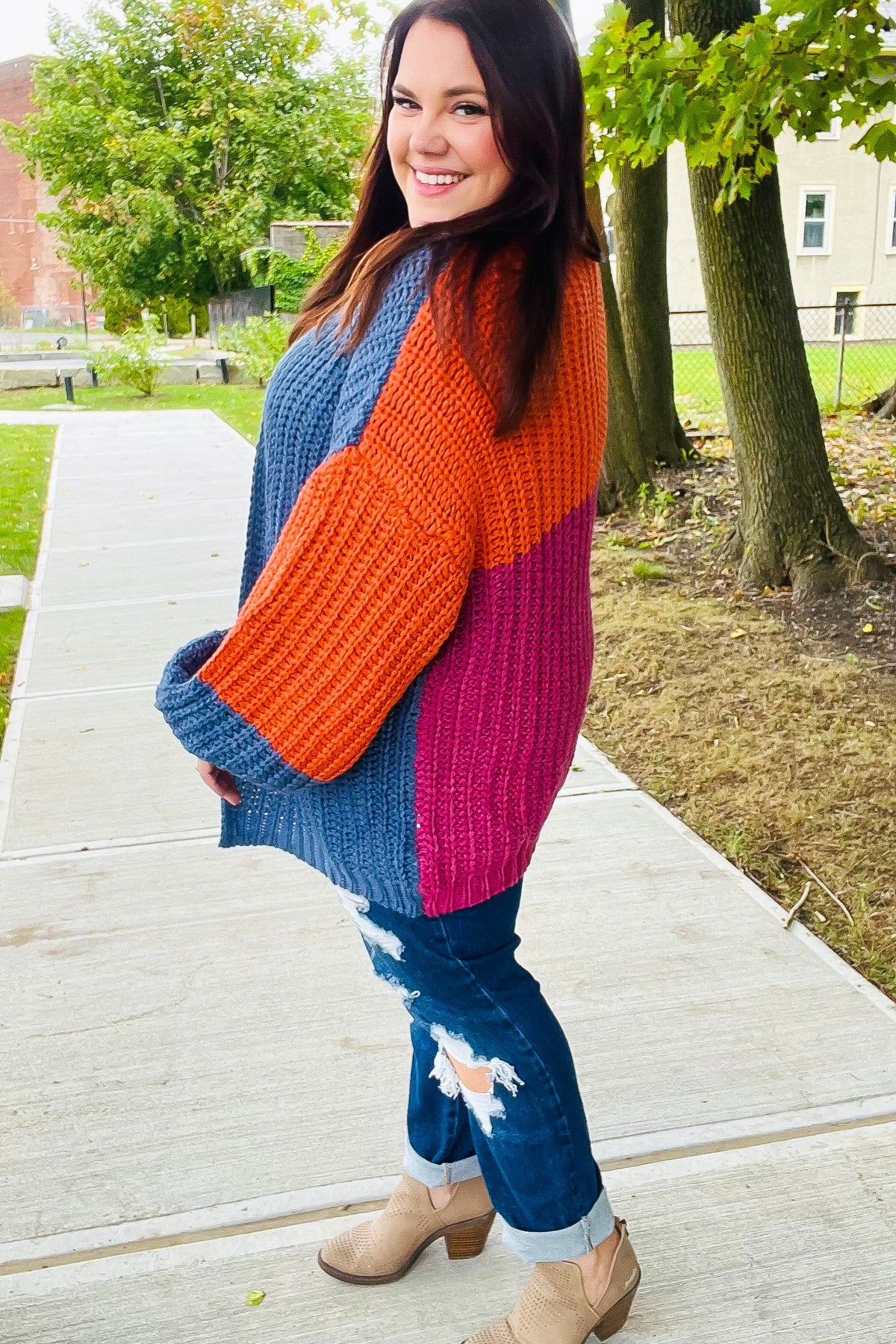 Dazzle In Magenta & Navy Chunky Knit Color Block Cardigan