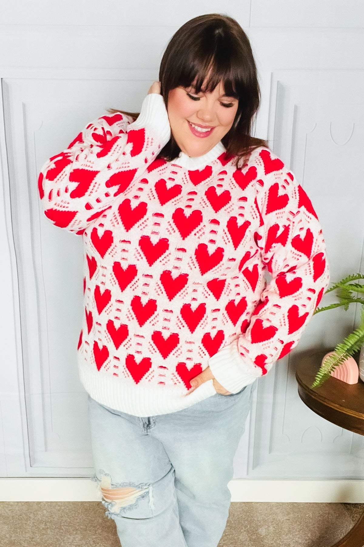 True Hearts Ivory & Red Heart Oversized Sweater