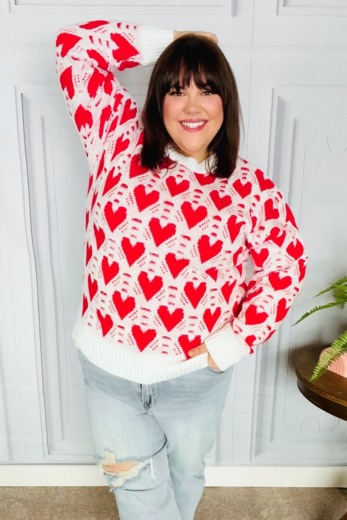 True Hearts Ivory & Red Heart Oversized Sweater