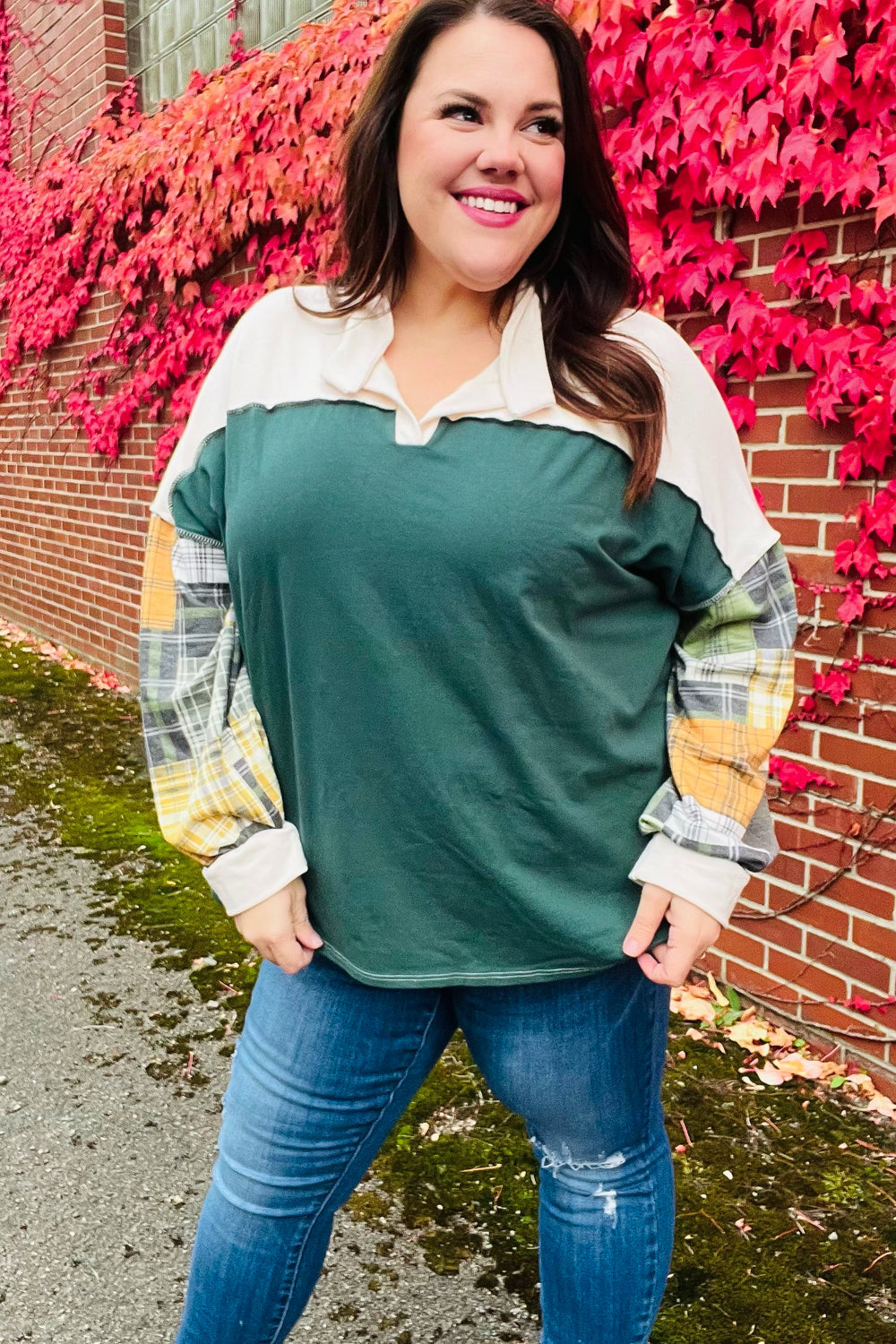 Fall For You Hunter Green Plaid Color Block Collared Terry Top