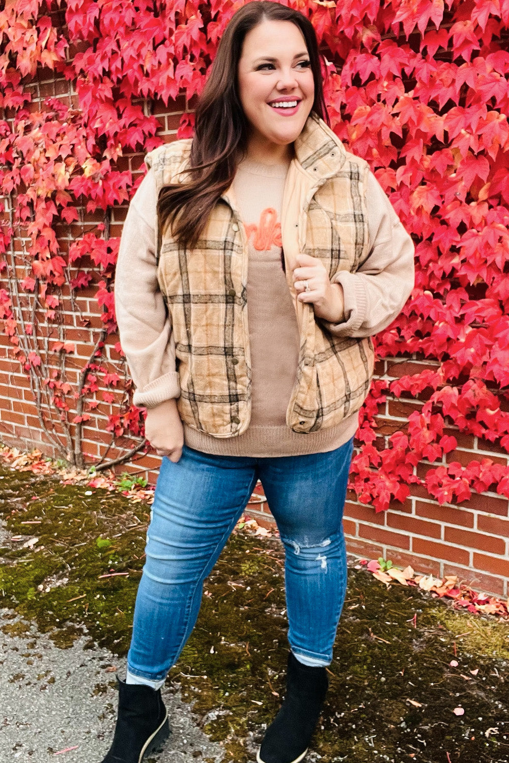 Layer Up Taupe Plaid Snap Button Quilted Puffer Vest