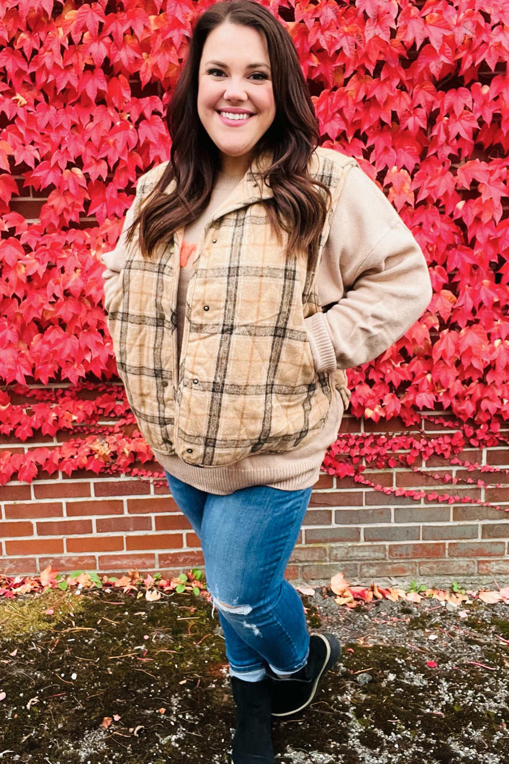 Layer Up Taupe Plaid Snap Button Quilted Puffer Vest