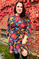 Lock Eyes Black Floral Sequin Print Ruffle Sleeve Frill Mock Neck Dress