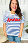 America Proud Blue Striped Embroidered Puff Sleeve Top