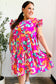 Look of Love Fuchsia Abstract Floral Print Smocked Ruffle Sleeve Dress