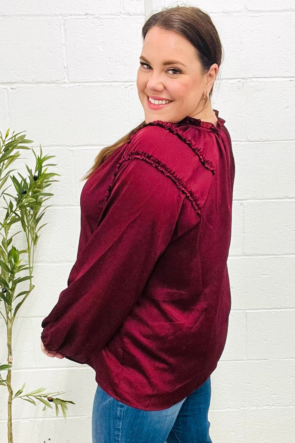 Holiday Vibes Burgundy Frill Detail Tie Neck Satin Top