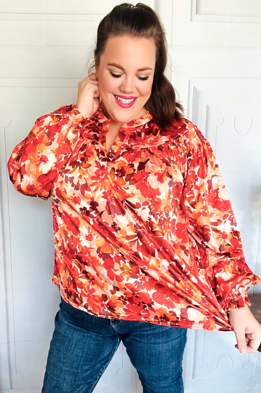 Fall Vibes Rust Floral Print Notched Neck Smocked Satin Top