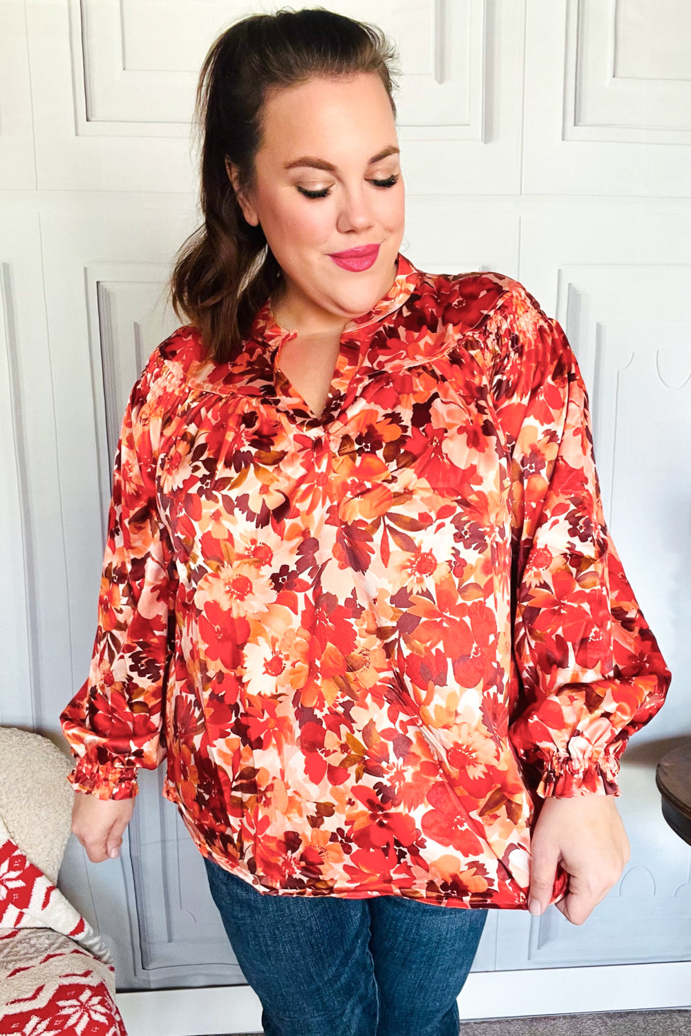 Fall Vibes Rust Floral Print Notched Neck Smocked Satin Top