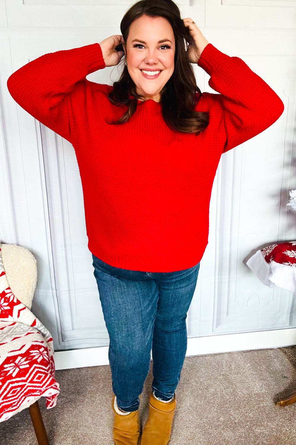 All Present Christmas Red Waffle Knit Hi-Low Sweater