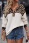 Waffle-Knit Leopard V-Neck Long Sleeve Blouse